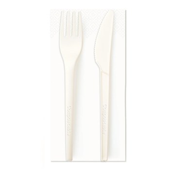 Forchetta cucchiaio e coltello imbustato singolarmente con tovagliolo tris posate MAQA Set posate biodegradabili e compostabili 